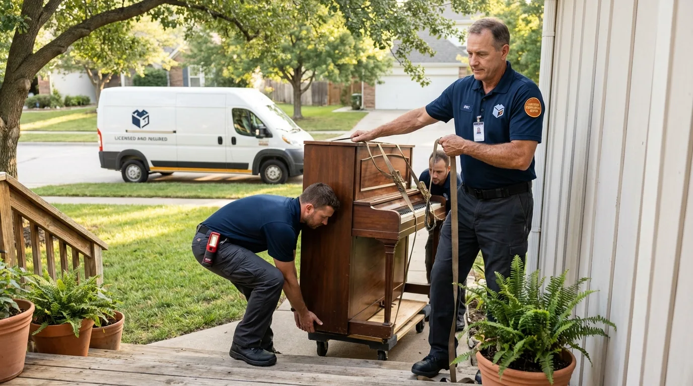 Licensed piano movers securing grand piano in Sparta, MI