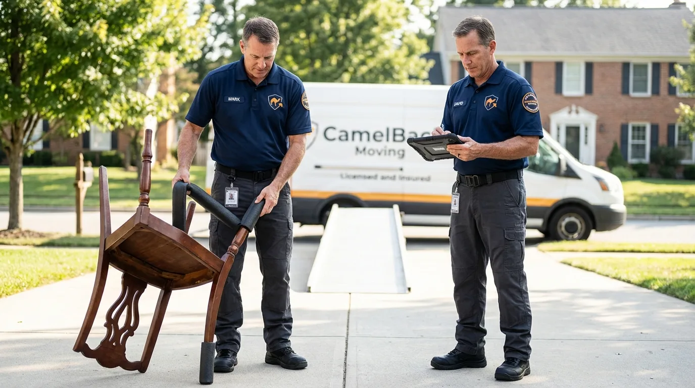 Movers inspecting furniture for damage prevention before loading in Sparta, MI