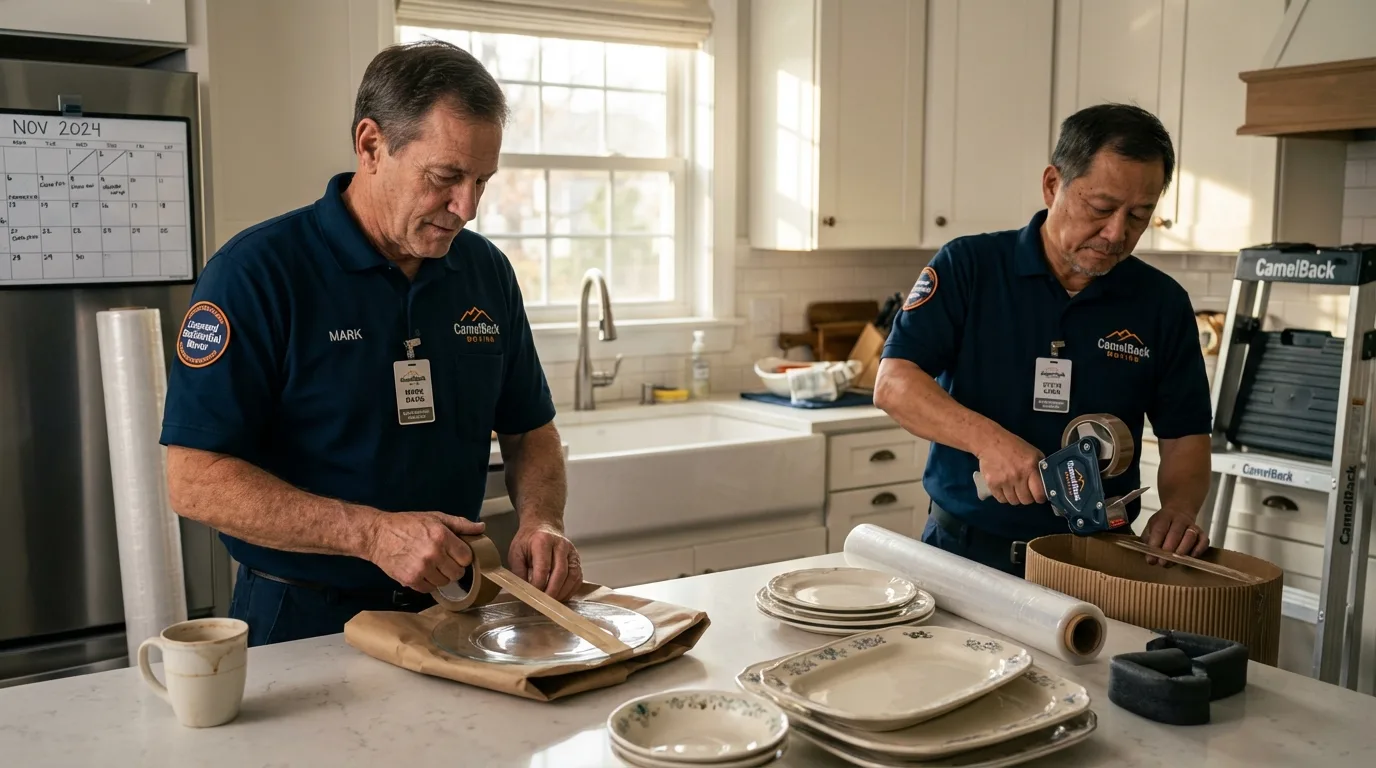 Professional crew packing kitchen dishware in Sparta, MI